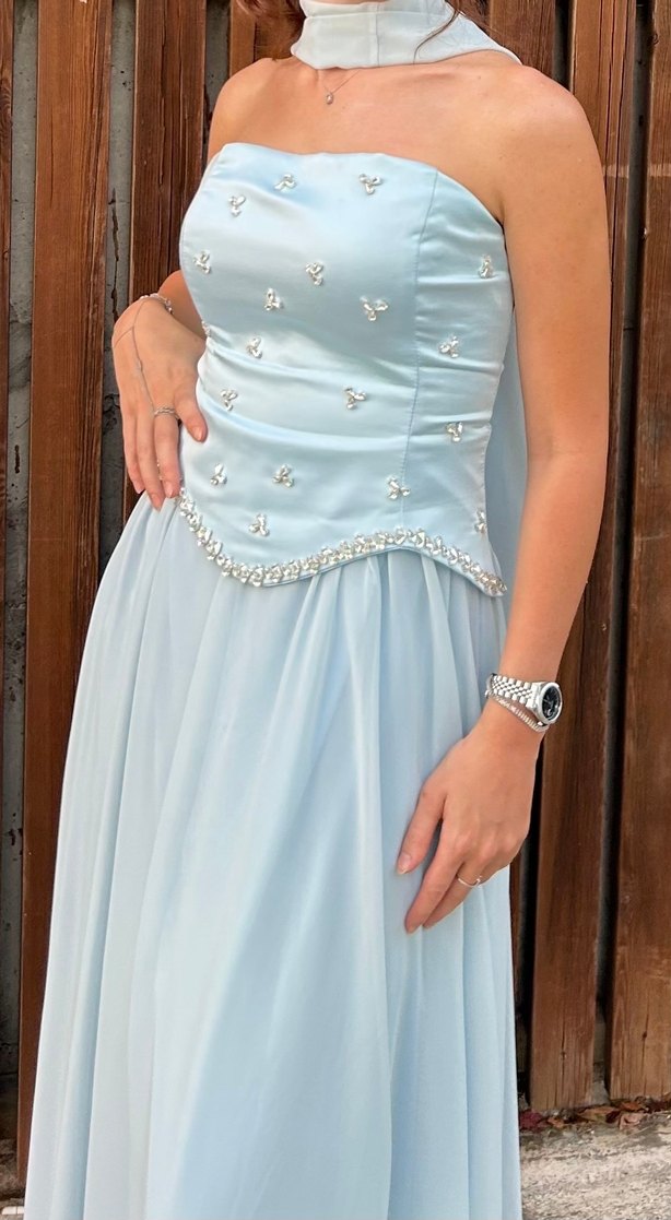 Mavi Uzun Drapeli Straplez Abiye Elbise - Görsel 3