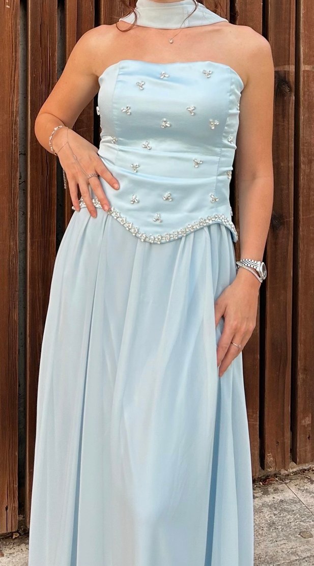 Mavi Uzun Drapeli Straplez Abiye Elbise - Görsel 2