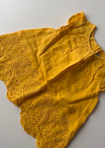 Sarı Kız Çocuk Fırfırlı Keten Elbise 6-9 ay kız bebek elbise - Görsel 3