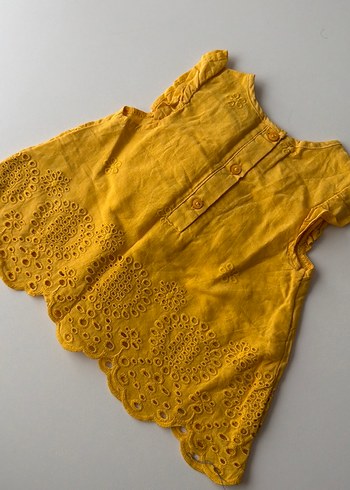 Sarı Kız Çocuk Fırfırlı Keten Elbise 6-9 ay kız bebek elbise - Görsel 5