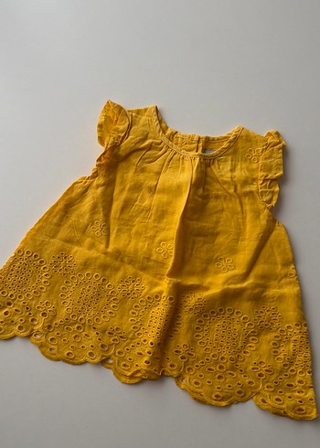Sarı Kız Çocuk Fırfırlı Keten Elbise 6-9 ay kız bebek elbise - Görsel 2