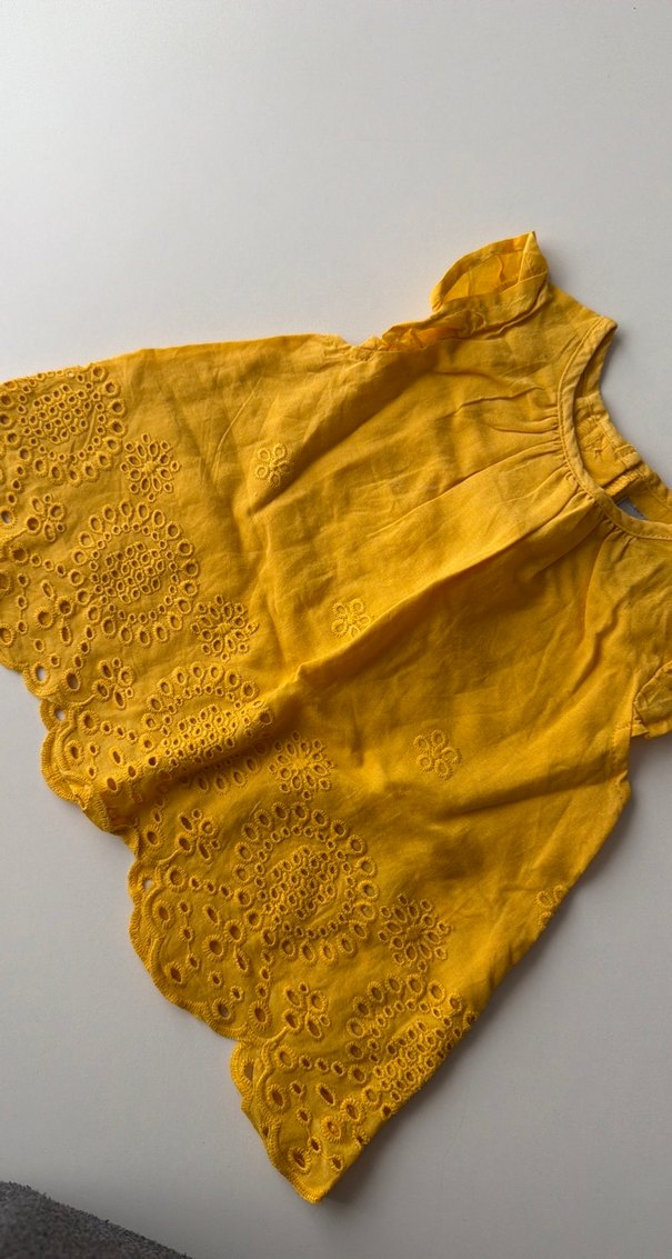 Sarı Kız Çocuk Fırfırlı Keten Elbise 6-9 ay kız bebek elbise - Görsel 3