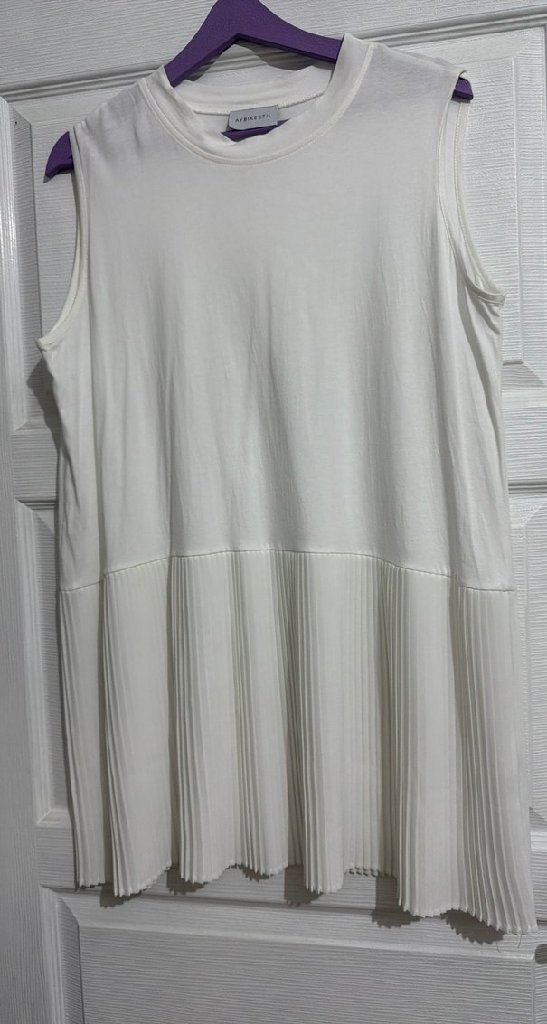 Kadın Beyaz Kolsuz Pilili Midi Tunik aybikestil marka - Görsel 5