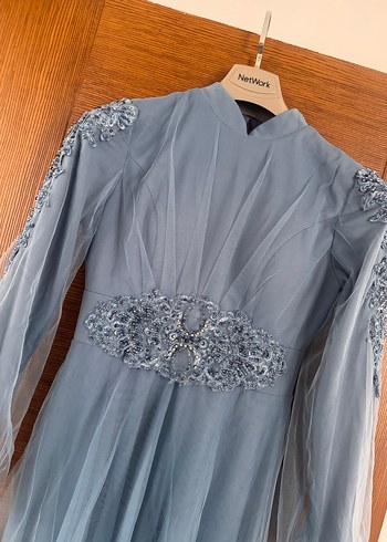 Uzun Kollu Nakışlı Mavi Vintage Elbise - Görsel 4