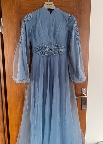 Uzun Kollu Nakışlı Mavi Vintage Elbise - Görsel 3