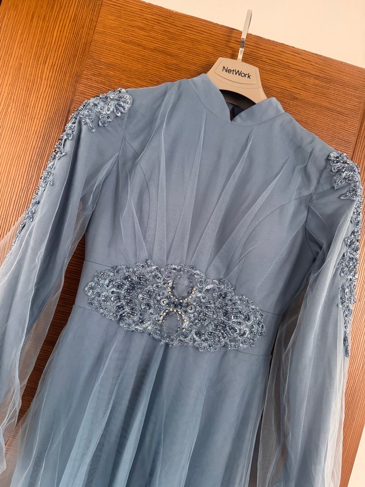 Uzun Kollu Nakışlı Mavi Vintage Elbise - Görsel 4