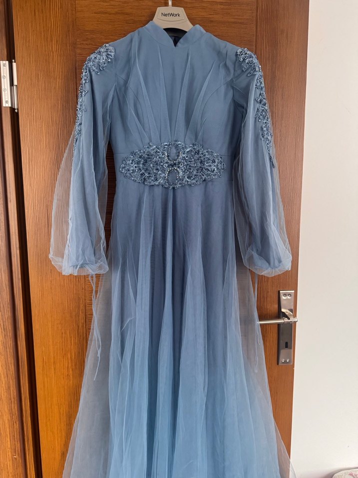 Uzun Kollu Nakışlı Mavi Vintage Elbise - Görsel 3