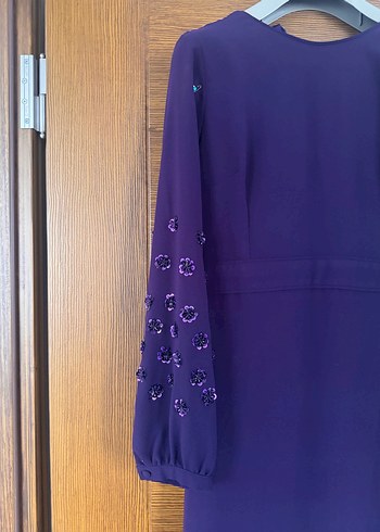 Mor Uzun Kollu Nakışlı Kadın Elbise - Görsel 2