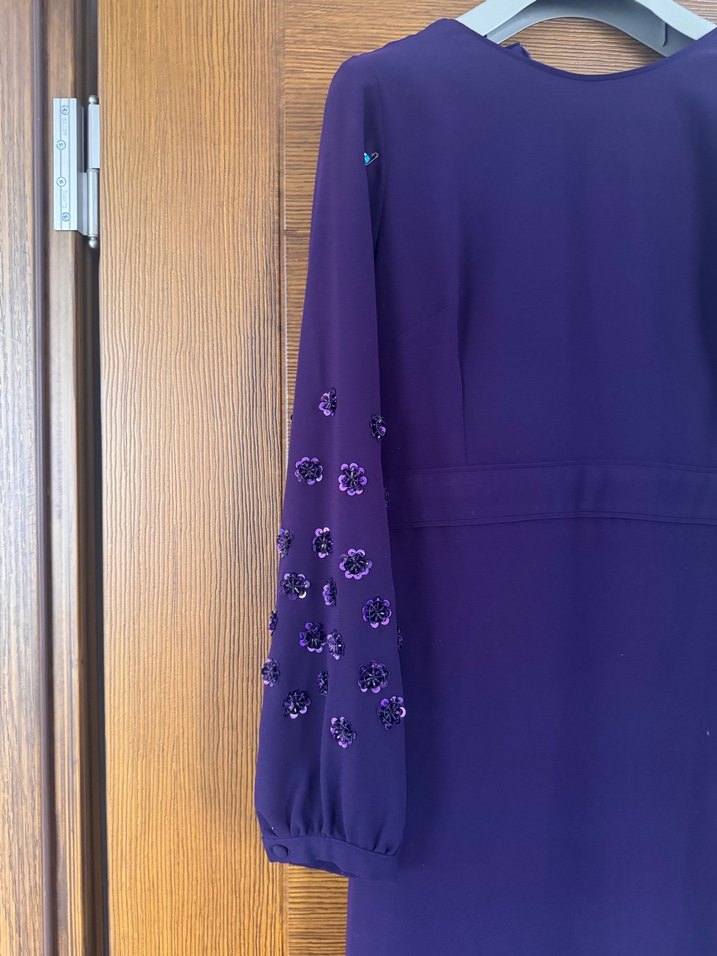 Mor Uzun Kollu Nakışlı Kadın Elbise - Görsel 2