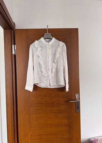 Fırfırlı Beyaz Keten Kadın Gömlek - Görsel 2