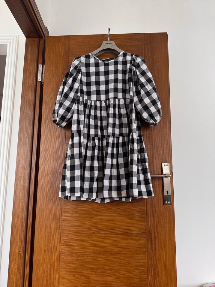 Siyah Beyaz Kareli Midi Elbise - Görsel 2