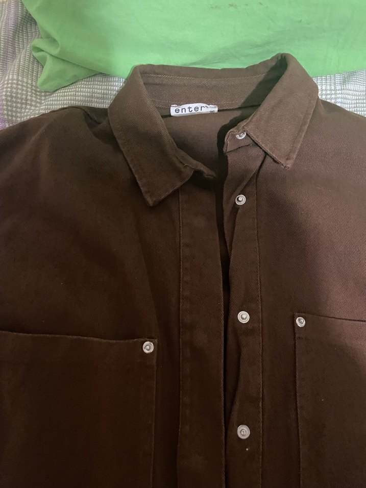 Kadın Kahverengi Düğmeli Pamuk Gömlek - Görsel 2