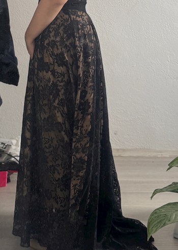 Dantel Detaylı Kahverengi Straplez Uzun Elbise - Görsel 2