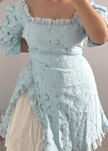 Beyaz Straplez Dantel Detaylı Midi Elbise - Görsel 2