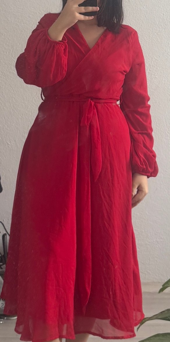 Kırmızı Uzun Bohem V Yaka Elbise - Görsel 2