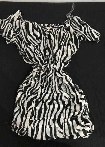 Siyah Zebra Desenli Drapeli Mini Elbise