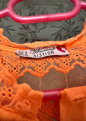 Dantel Detaylı Turuncu Kısa Kollu Bluz - Görsel 2