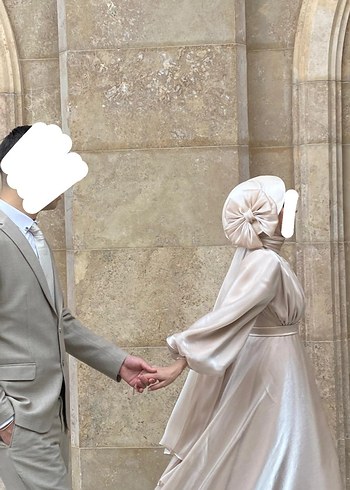 38 Beden beyaz Renk Bej Darpeli Uzun Nikah Elbisesi