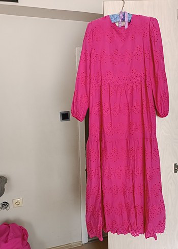 Pembe Uzun Bohem Dantel Elbise