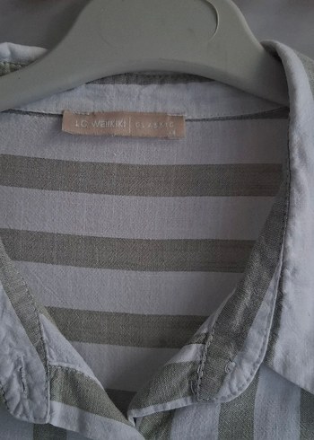 Yeşil Çizgili Düğmeli Keten Kadın Gömlek - Görsel 2