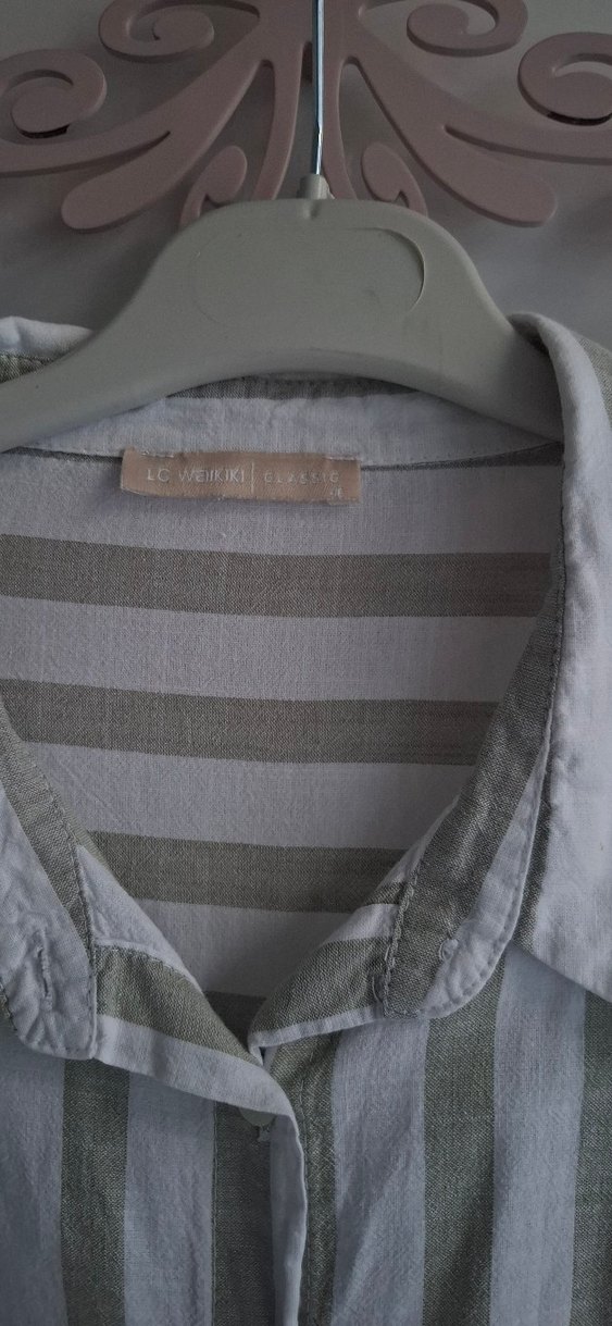 Yeşil Çizgili Düğmeli Keten Kadın Gömlek - Görsel 2