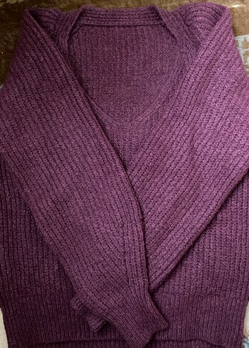 Mor V Yaka Örgü Kadın Kazak - Görsel 2