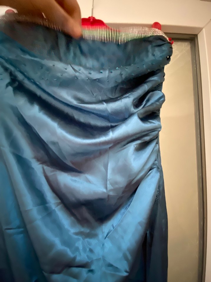 Drapeli Uzun Mavi Straplez Abiye Elbise - Görsel 3