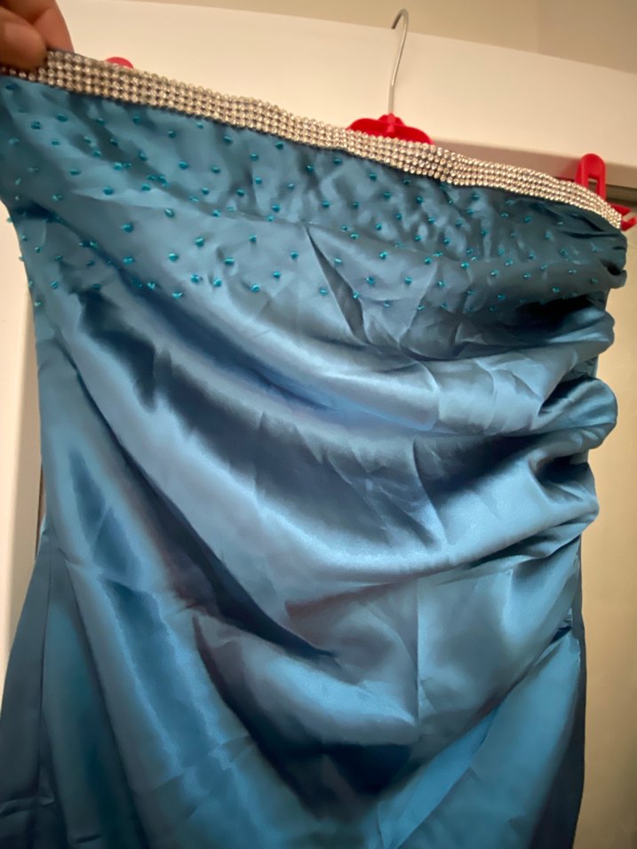 Drapeli Uzun Mavi Straplez Abiye Elbise - Görsel 2