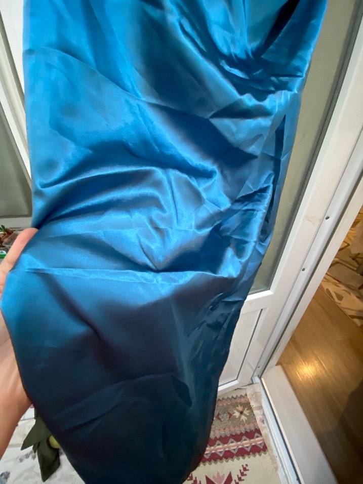 Drapeli Uzun Mavi Straplez Abiye Elbise - Görsel 4