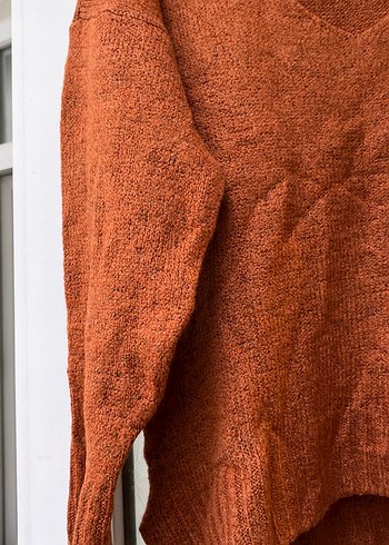 Kahverengi V Yaka Örgü Kadın Kazak - Görsel 2