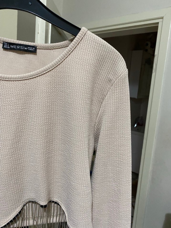 Bej Uzun Kollu Triko Kadın Kazak - Görsel 4