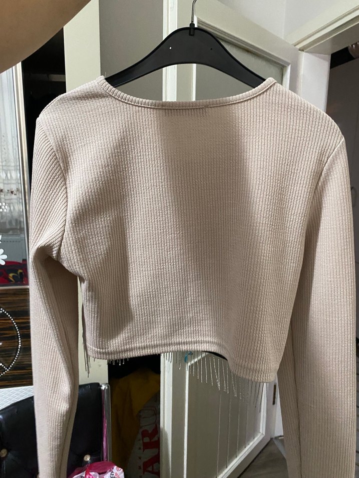 Bej Uzun Kollu Triko Kadın Kazak - Görsel 2