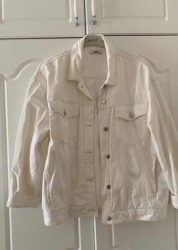 Kadın Beyaz Düğmeli Midi Denim Ceket