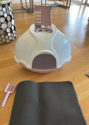 Imac marka Pembe Kapaklı Gri Kedi Tuvalet Kabı ve Kürek