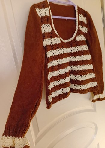 Vintage, Bohem Tarzı Kahverengi Örgü Kadın Kazak. - Görsel 2