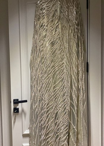 Bej İşlemeli Drapeli Uzun Kadın Abiye - Görsel 3