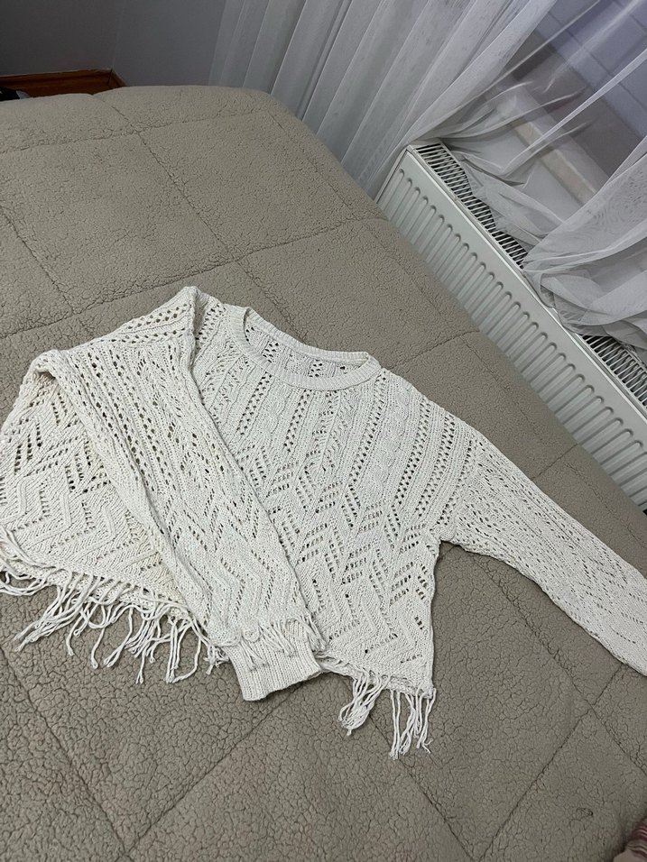 Nakışlı Bohem Beyaz Örgü Kadın Kazak sahil kullanımına uygun - Görsel 2