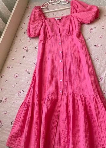 Pembe Uzun Düğmeli Bohem Elbise