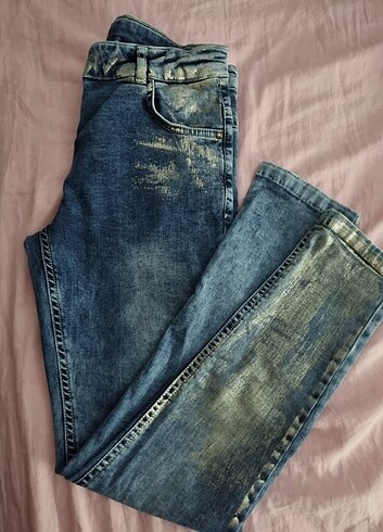 9 Yaş Beden 9 yaş panço kot pantolon önleri parlak yaldızlı likralı şık kot 