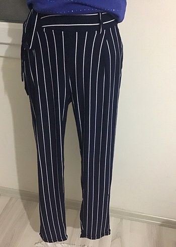 Kemerli Lacivert Çizgili Kadın Denim Pantolon - Görsel 2