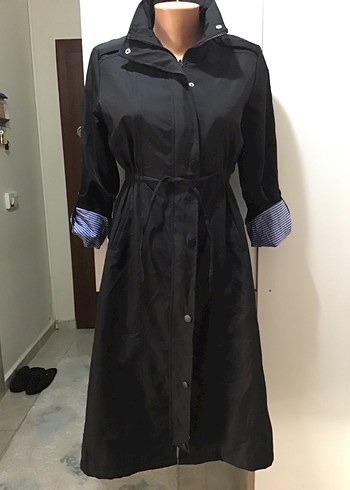 Kemerli Siyah Uzun Kadın Trençkot - Görsel 4