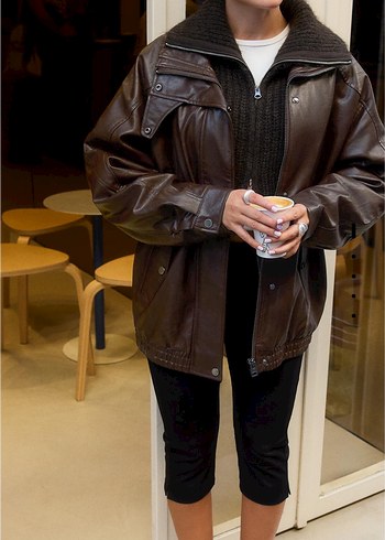 Bershka Kadın Kahverengi Deri ceket - Görsel 5