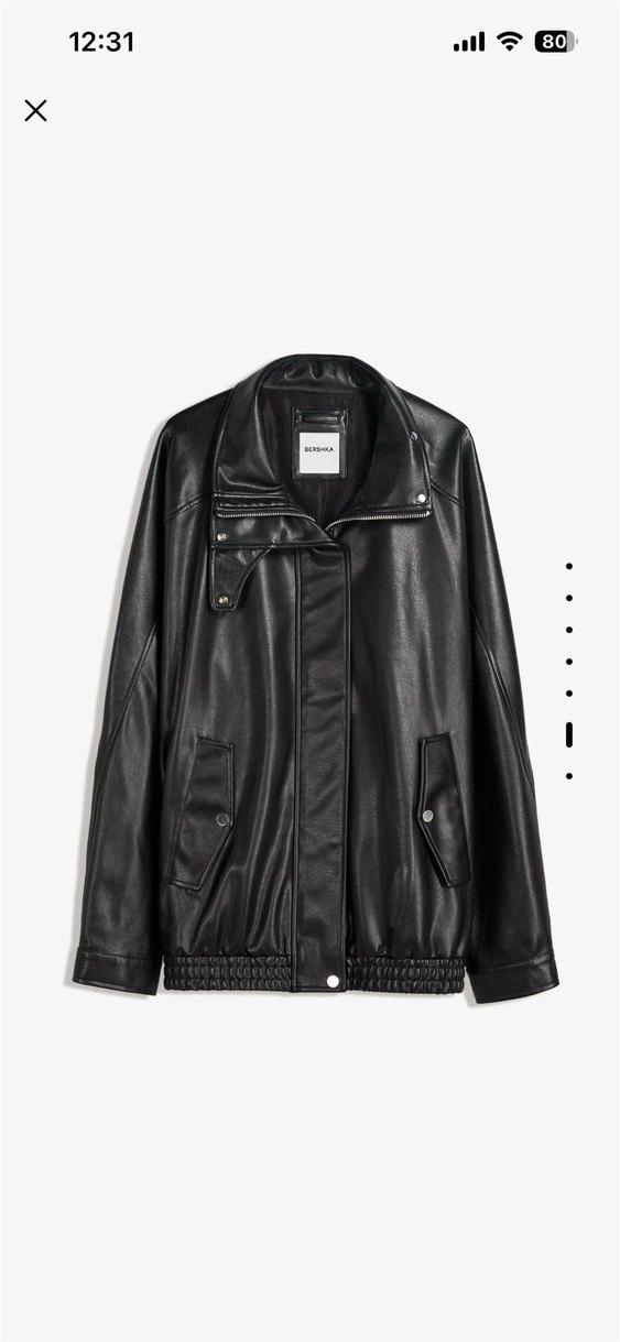 Bershka Siyah Deri Kadın Ceket, Yüksek Yakalı, Fermuarlı - Görsel 5