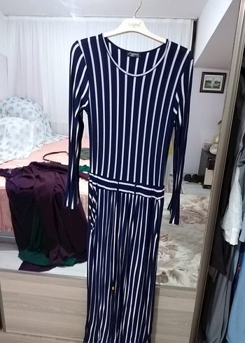 Lacivert Çizgili Uzun Kollu Pilili Elbise