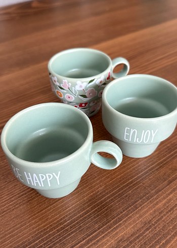 Pastel Yeşil Desenli ve Yazılı Seramik Kupa Seti - Görsel 2