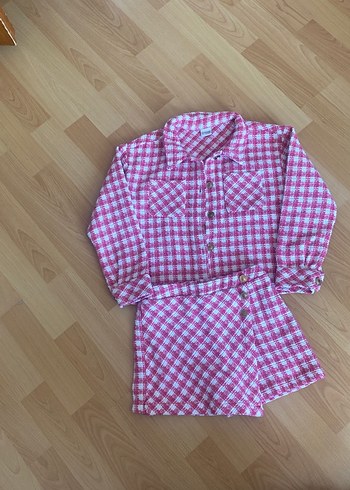 Pembe Ekose Kız Gömlek ve Etek Takımı - Görsel 2