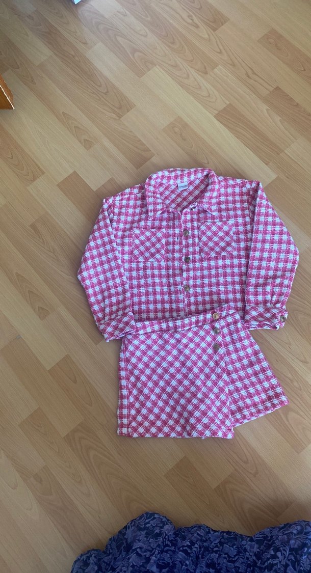 Pembe Ekose Kız Gömlek ve Etek Takımı - Görsel 2