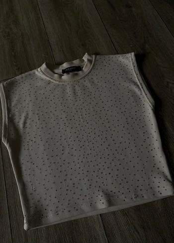 Gri Payetli Kolsuz Crop Top