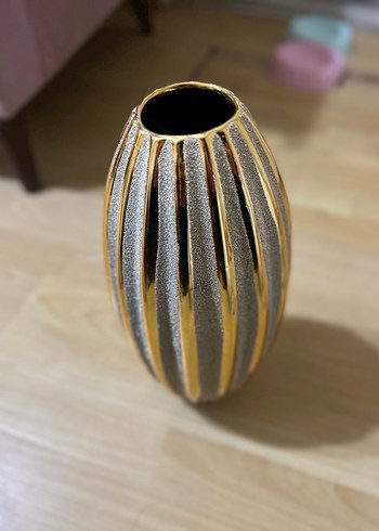 Altın ve Gri Şeritli Dekoratif Vazo - Görsel 2