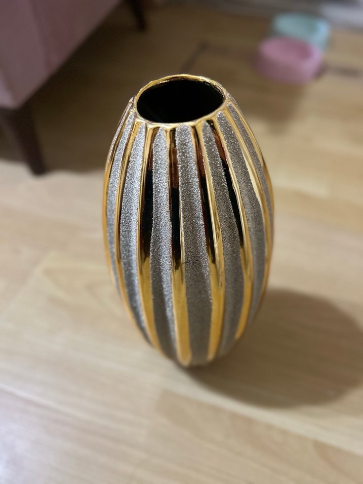 Altın ve Gri Şeritli Dekoratif Vazo - Görsel 2